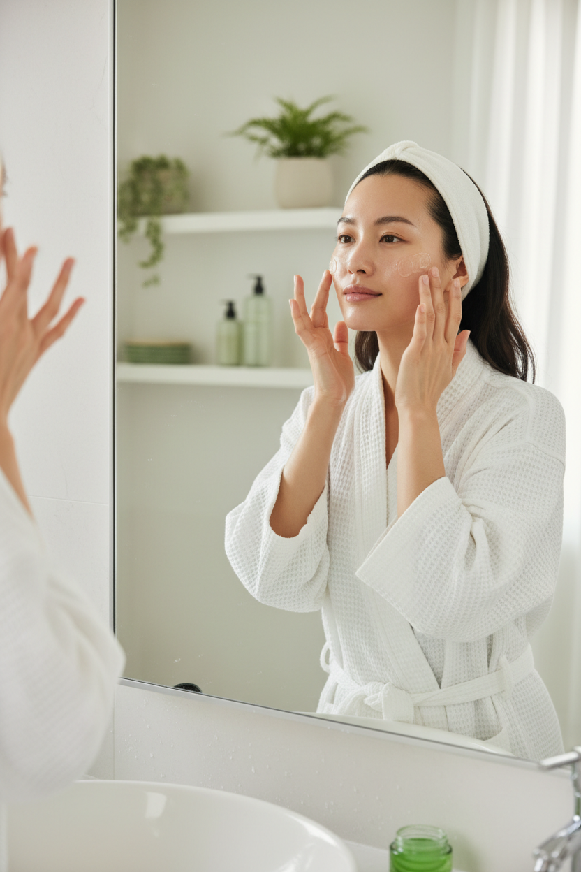 Asian woman applying aloe vera gel to her glowing face in a bright bathroom